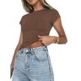thumbnail image 2 of Sexy Short Sleeve Top for Women Solid Slim Fitted Shirt Tee Basic Crew Neck Crop Top Blouse, 2 of 6