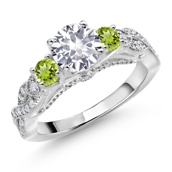 Gem Stone King 1.51 Cttw White Created Sapphire Green Peridot and White Moissanite Engagement Ring for Women | 925 Sterling Silver | Gemstone Birthstone | Round 6MM and 3MM| Size 9