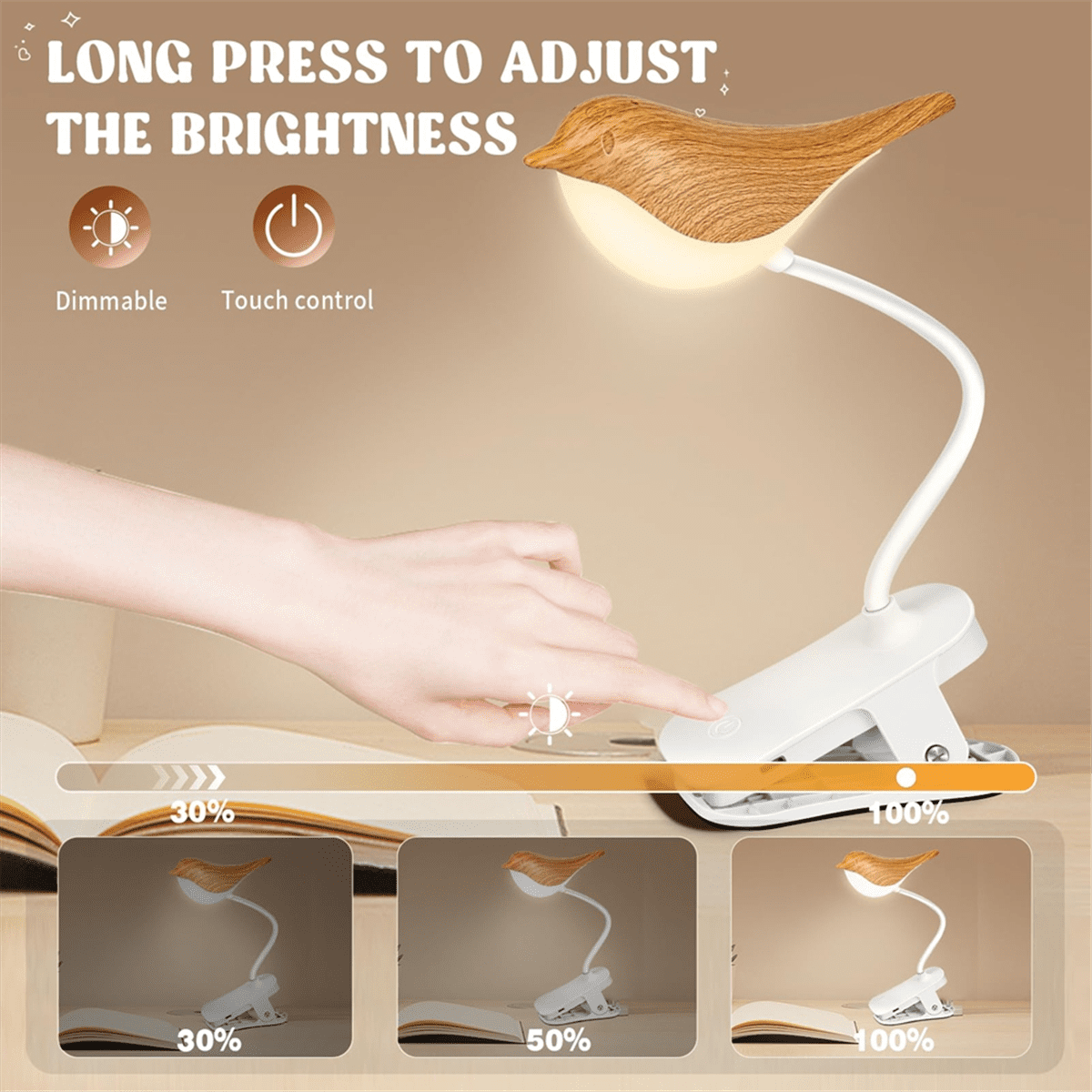 Small Bird Lamp,Dimmable and Cordless Bird Night Light, USB Rechargeable Touch Sensor Control Table and Desk Lamp,1 * night light 1 * USB cable,White & Wood Grain