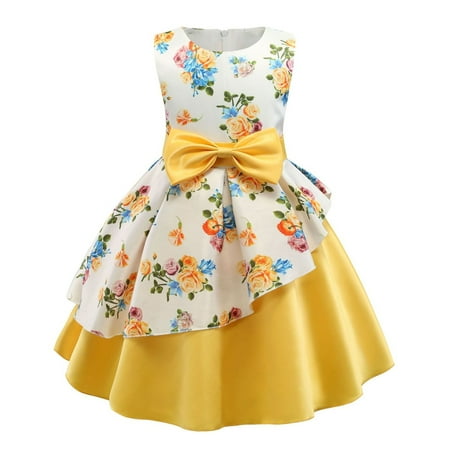 

TIREOW Breathable Girl Dress Child Girls Sleeveless Pageant Dress Birthday Party Kids Round Neck Floral Prints Bowknot Gown Plus Size Fashion Ceremonial Dress(4-5 Years Yellow)