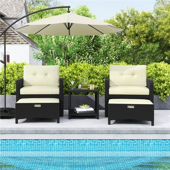 Topeakmart 5-Piece Patio Furniture Set with Rattan Side Table & 2 Chairs & 2 Ottomans, Black/Beige