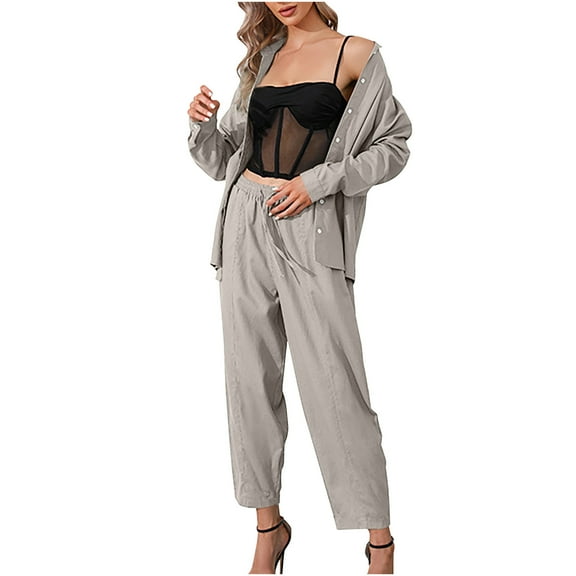 Women Fall Clothes Casual 2 Piece Outfits Long Sleeve Lapel Button Down Shirts Loose Long Harem Pants Sets Loungewear