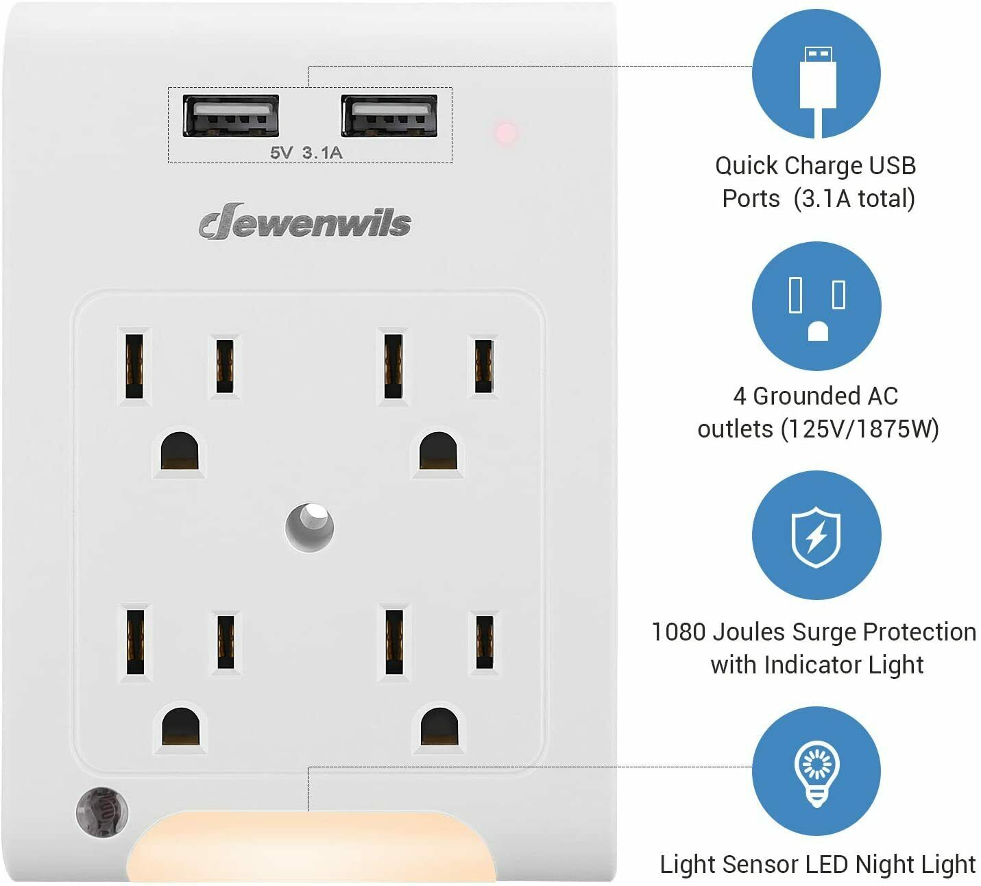 Dewenwils 4-Outlet Wall Adapter with USB and Night Light photo 3