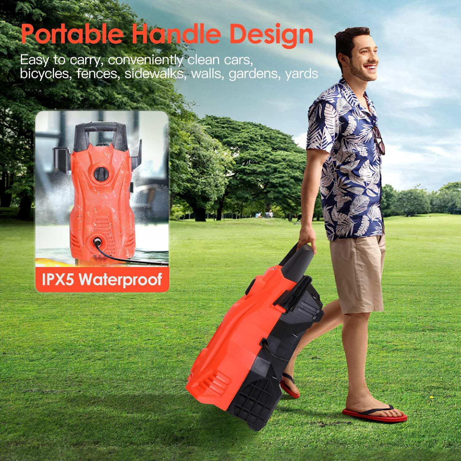 Electric High Pressure Washer 1740 PSI, 2.6 GPM, Car & Surface Cleaner, Adjustable Nozzle, Soap Dispenser, Waterproof