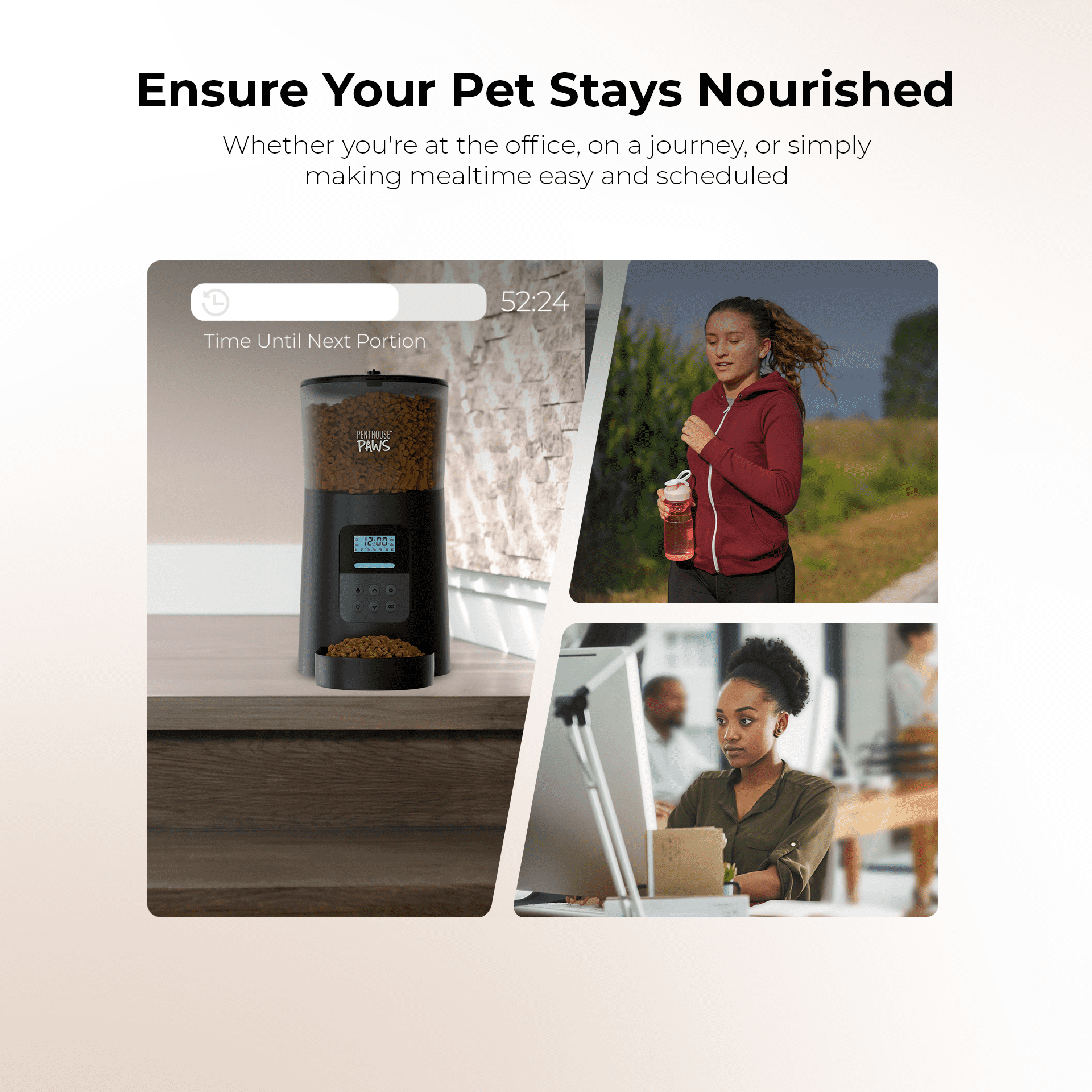 Penthouse Paws® Automatic Pet Food Feeder, 6L Capacity, LCD Panel, Voice Recording, Twist-Lock Seal, Backup Power, 15 Meals/Day, Black, for Cat & Dog