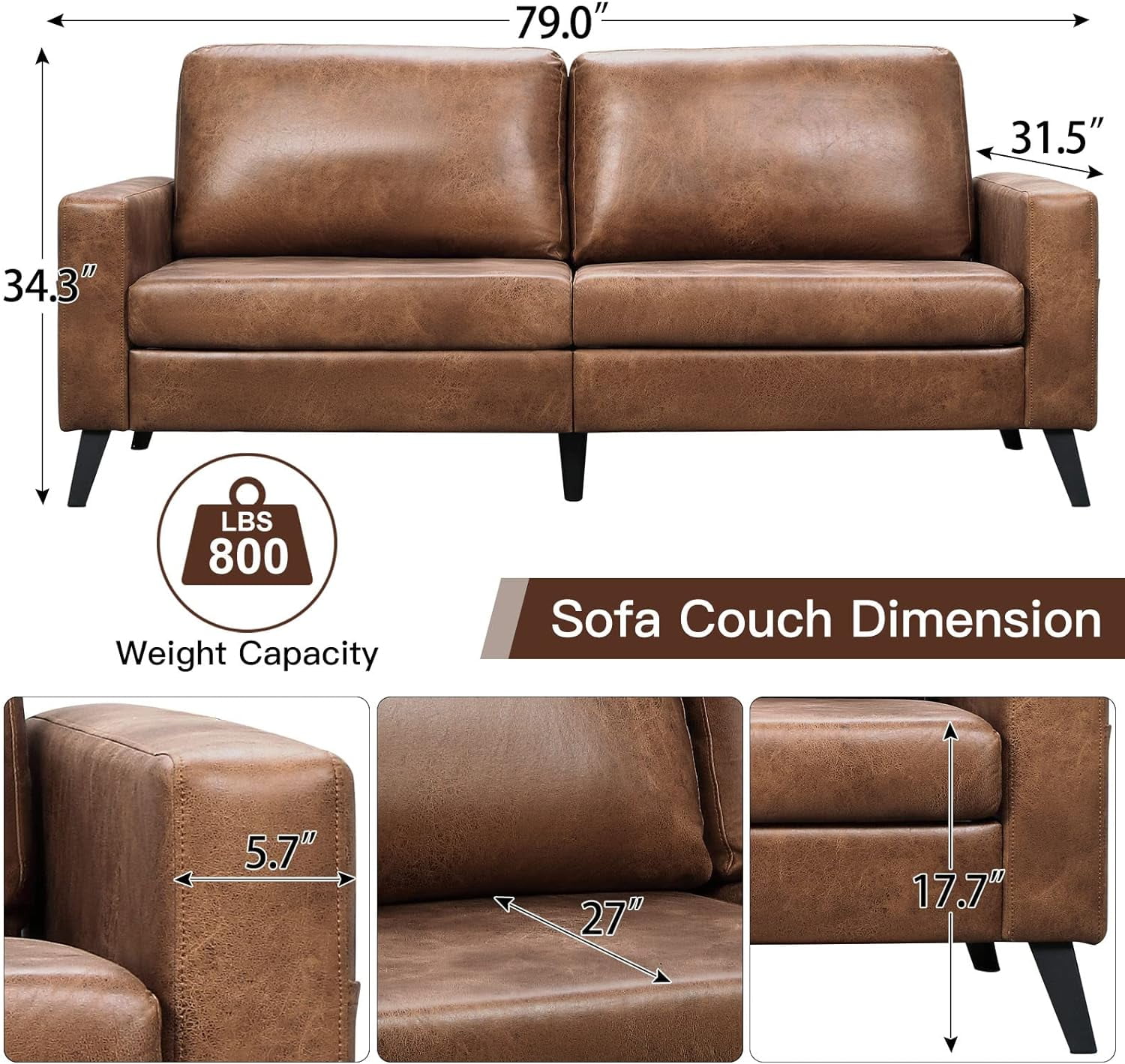 YODOLLA 79" Loveseat Faux Leather Sofa Apartment Couch 3 Seater Living Room Furniture for Small Rooms& Spaces- Saddle Brown
