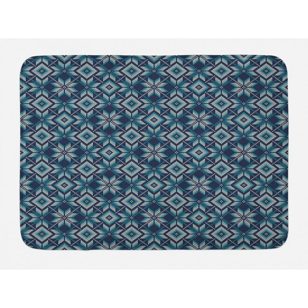 Blue and White Bath Mat, Winter Holiday Fair Isle Pattern Illustration