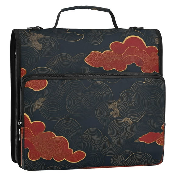 Black Background with Red Clouds Stripes Lines Zipper Binder Bag 3 Ring Binder Bag,Large Capacity Durable Binder Organizer Bag