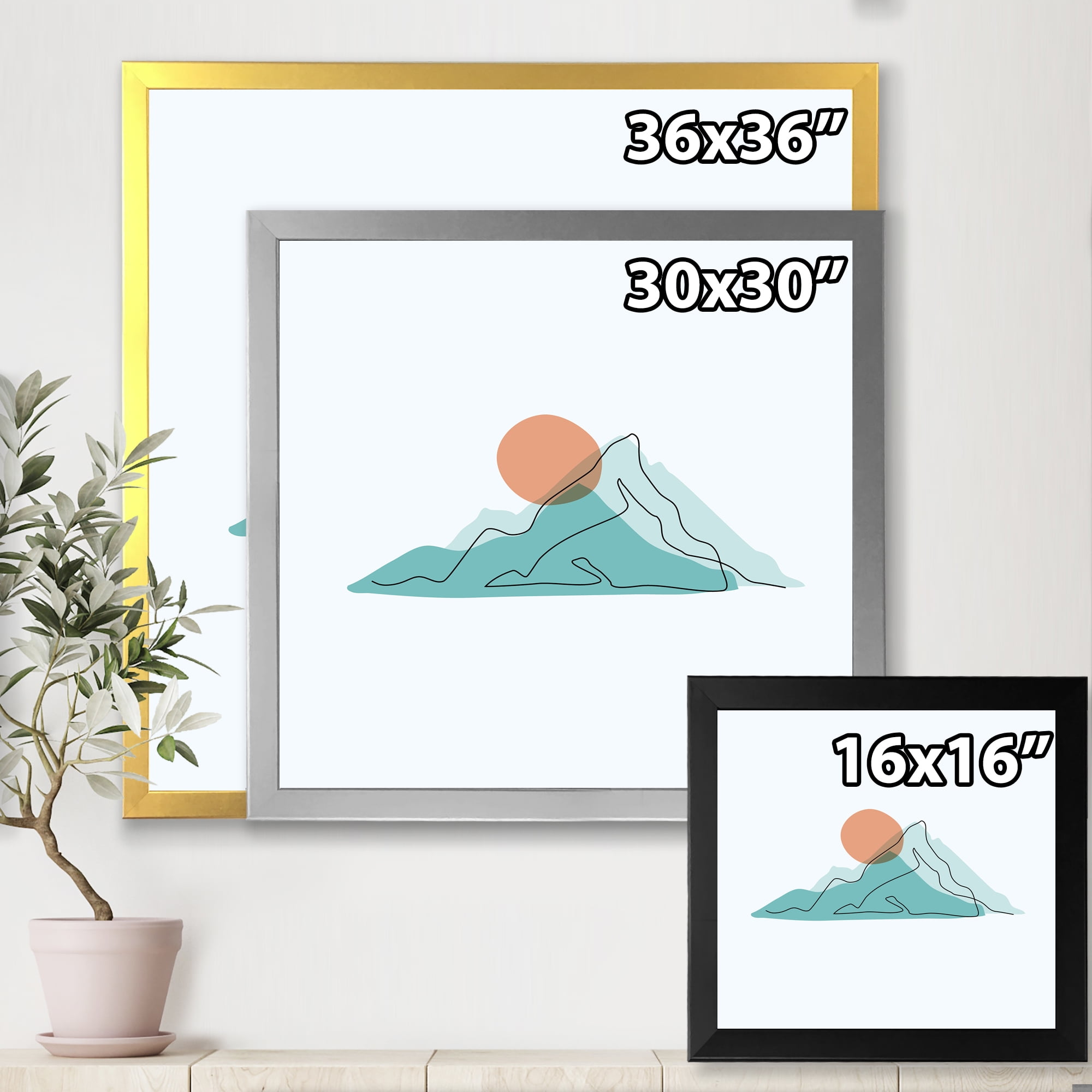 Designart 'Abstract Blue Mountains With Red Moon II' Modern Framed Art Print
