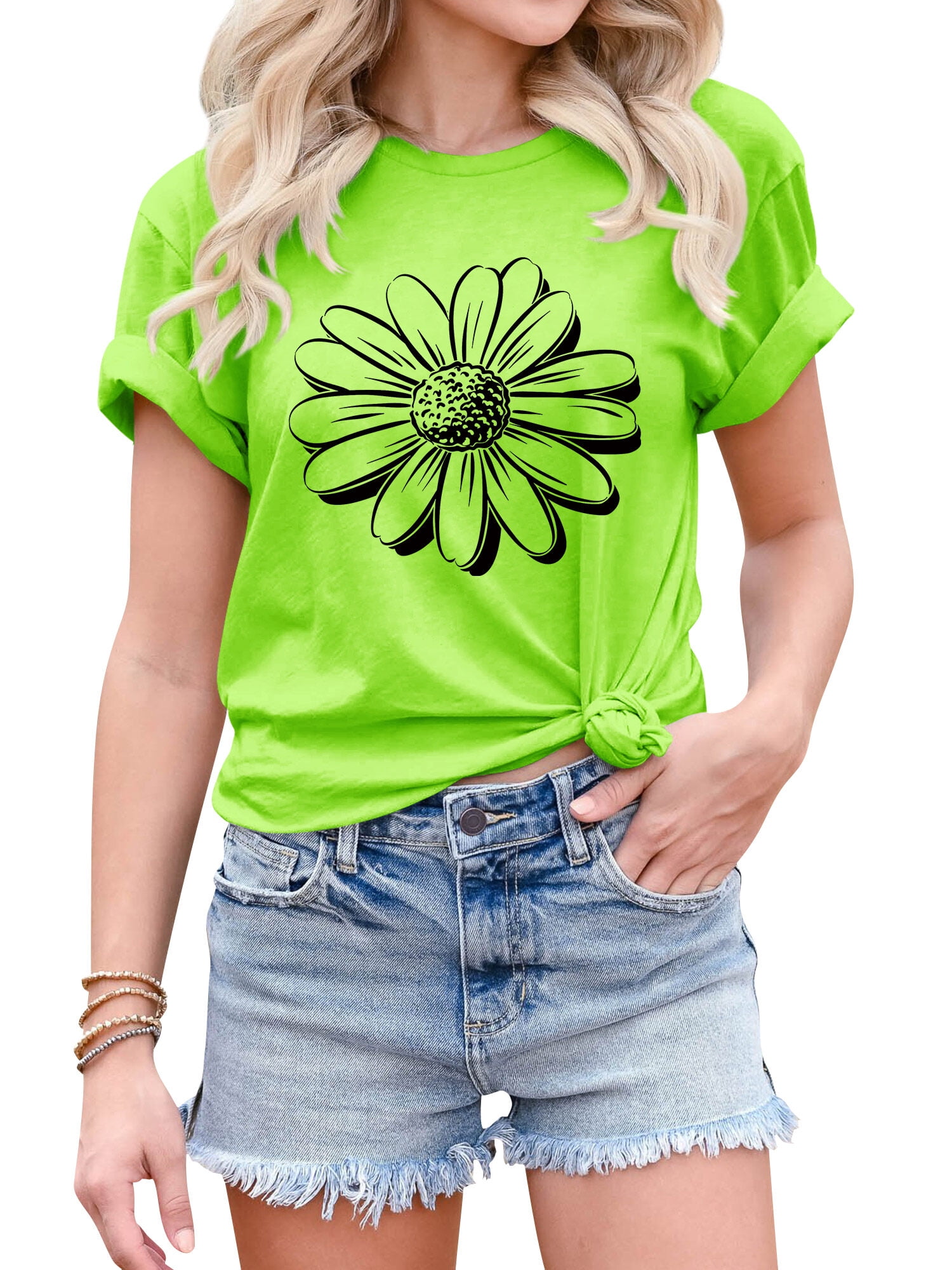 Nlife Women Daisy Print Round Neck Short Sleeve T-Shirt - Walmart.com