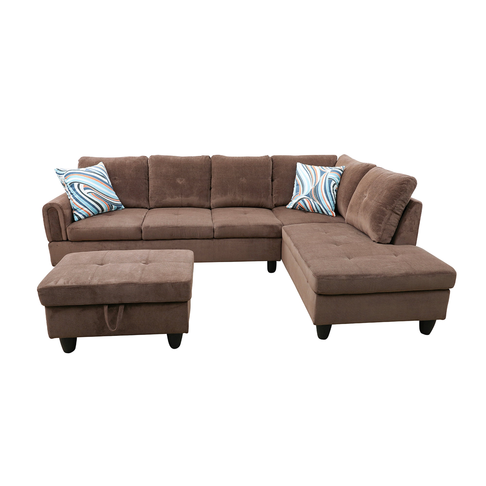 Aukfa 3 Piece L-shape Sectional Sofa Couch w/ Storage Ottoman, Right Chaise, 2 Pillows, Pineapple Velvet, Brown