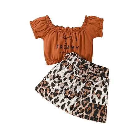 

Nokpsedcb 2PCS Toddler Kid Girls Summer Outfits Infants Short Sleeve Frill Trim Crop Tops Belted Skirt Set Brown 12-18 Months