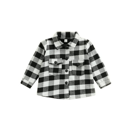 

Sunisery Autumn Toddler Baby Boys Jacket Outwear Plaid Shirts Turn Down Collar Single Breasted Tops Black White 2-3 Years
