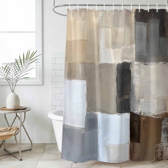 Modern Brown Beige Waterproof Fabric Shower Curtain, Grey White Color Blocks Waterproof Fabric Shower Curtain for Bathroom Curtains Bathtubs Hotel Washable Shower Curtains with 12 Hooks Small 36x78in