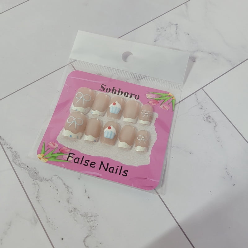 Sohbnro False nails, Short Square French Tip False Nails with Sweet Dessert Design