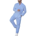 thumbnail image 1 of Conjunto de 2 piezas Cagnkofi para hombre, de manga larga, color liso, de algodón y lino, con camisa y pantalones largos, chándales casuales de verano, 1 of 5