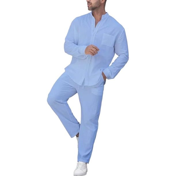 Conjunto de 2 piezas Cagnkofi para hombre, de manga larga, color liso, de algodón y lino, con camisa y pantalones largos, chándales casuales de verano
