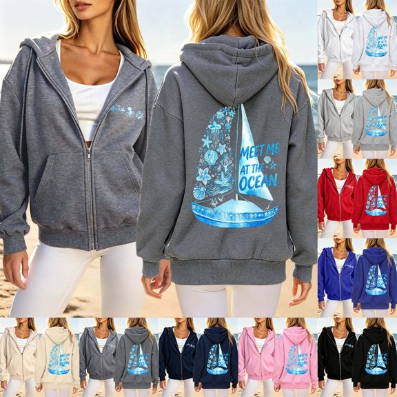 CAIXIA Hoodies for Women Graphic Zip Up Fashion 2026 Trendy Long Sleeve Hoodie Sweatshirts Drawstring Lined Jacket with Pocket Fall Clothes Womens Clothing