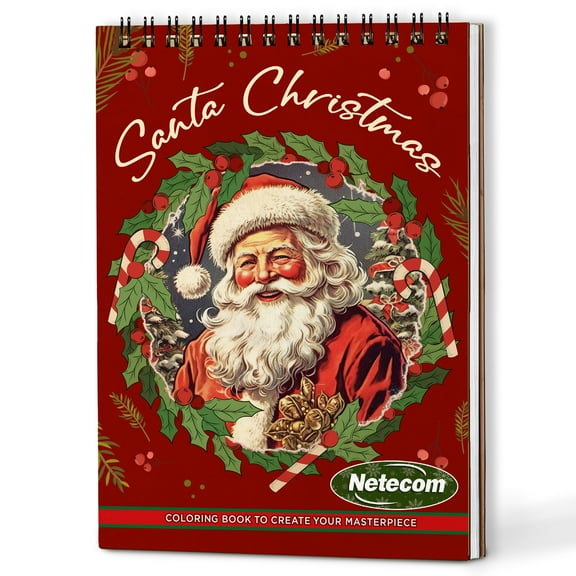 Netecom Santa Christmas Coloring Book Spiral Bound For Adults, A5 Wooden Cover, 30 Fesive Coloring Pages of Santa Scenes for Stress Relief and Relaxation