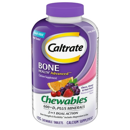 Caltrate Chewables 600  D3 Plus Minerals Calcium and Vitamin D, Sugar Free, Cherry, Orange and Fruit Punch, 155 Count