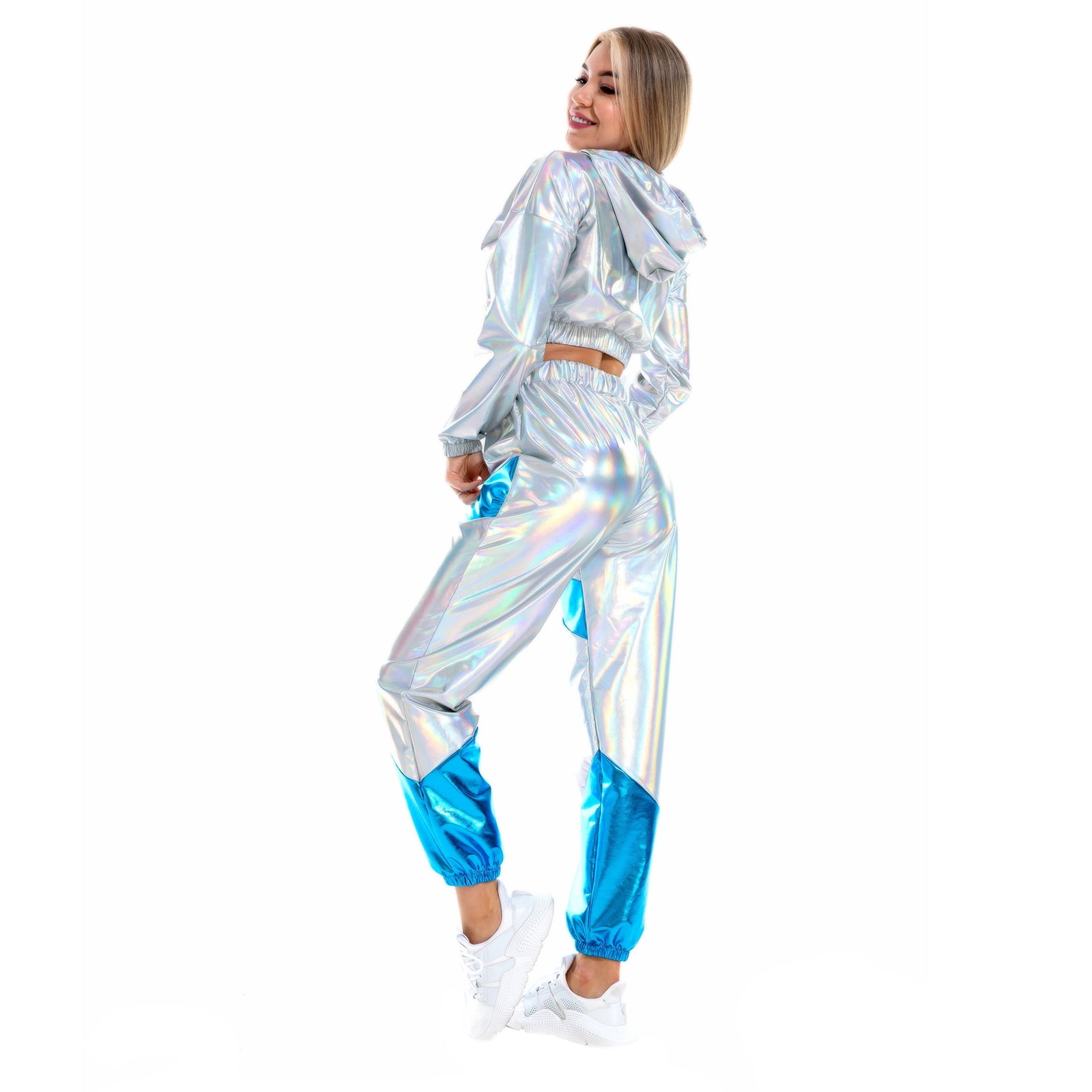 IBTOM CASTLE Women's Rave Outfit Shiny Crop Top Hoodie Casual Long Pants Hooded Workout Sweatshirt Dance Clubwear XXL Holographic Silver + Blue