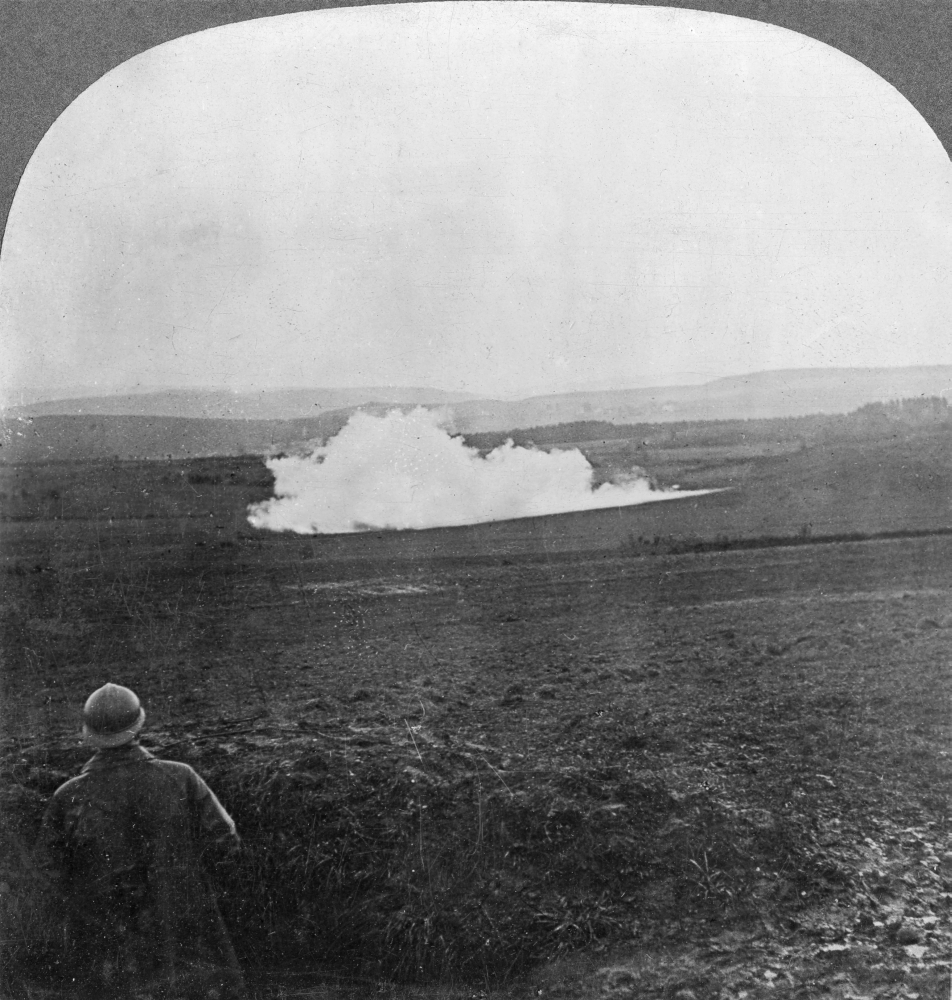 World War I Land Mine. Na French Mine Exploding Under A German Trench During World War I