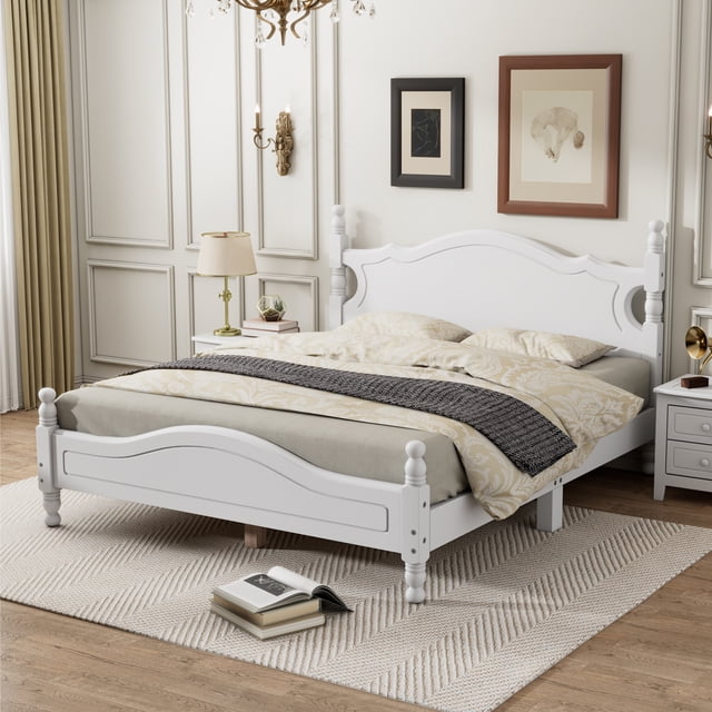 Euroco Lit Plateforme Rétro en Bois Format Grand Lit, Blanc