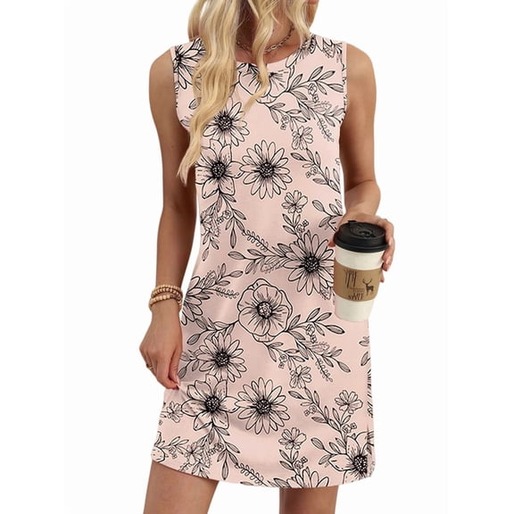 Dresses for Women Crewneck Sleeveless Tank Dress Summer Boho Vacation Clothes Print S