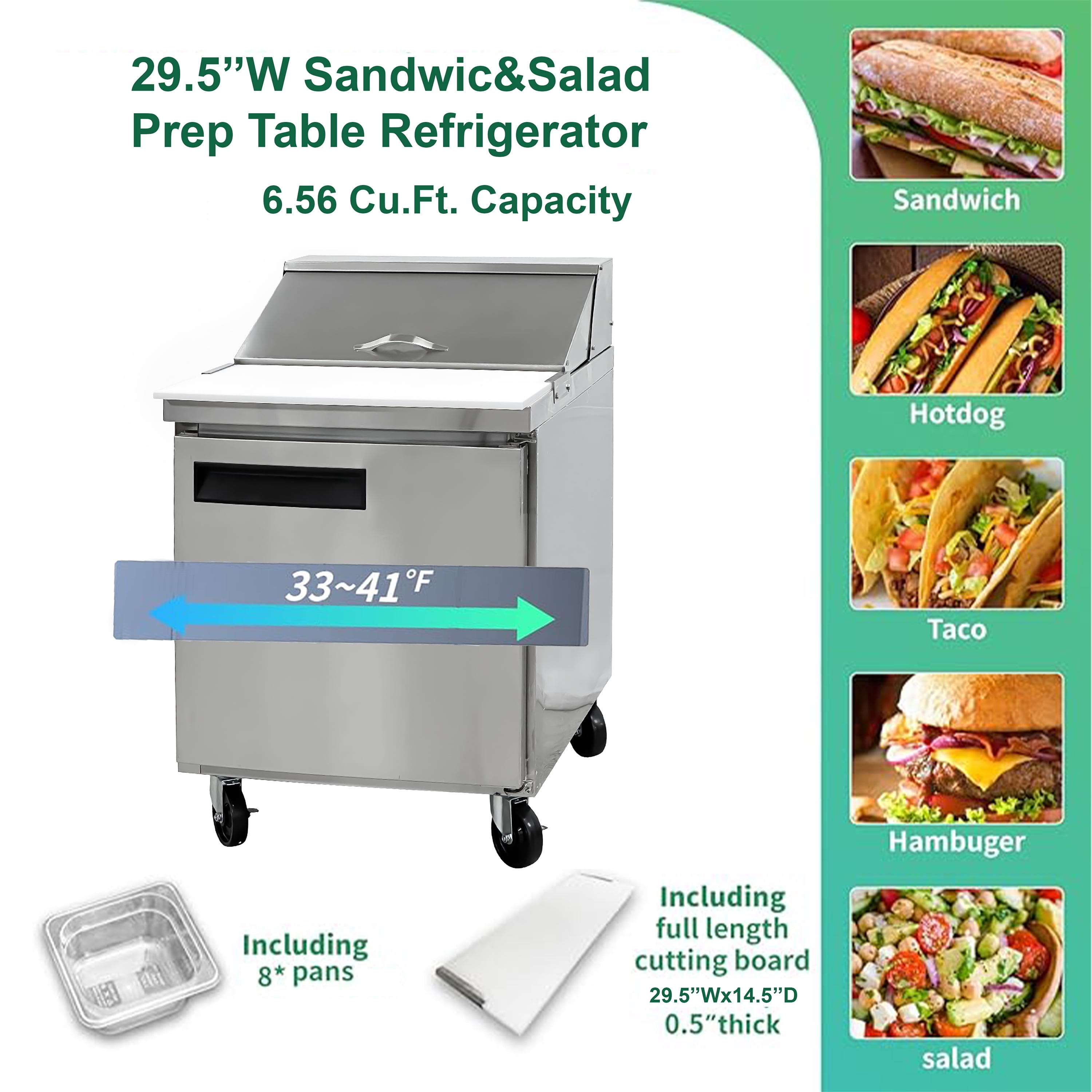 NSF 29'' W Commercial Refrigerator Sandwich&Salad Prep Table 7 Cu.Ft. Meg Top Counter Height Stainless Steel Cooler
