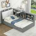 thumbnail image 2 of Twin Size Platform Bed, Corner Bed Frame with Bookcase and Storage Drawers, Daybed Storage Bed Bookcase Bed Frame for Living Room Bedroom Guest Room, Grey, 2 of 7