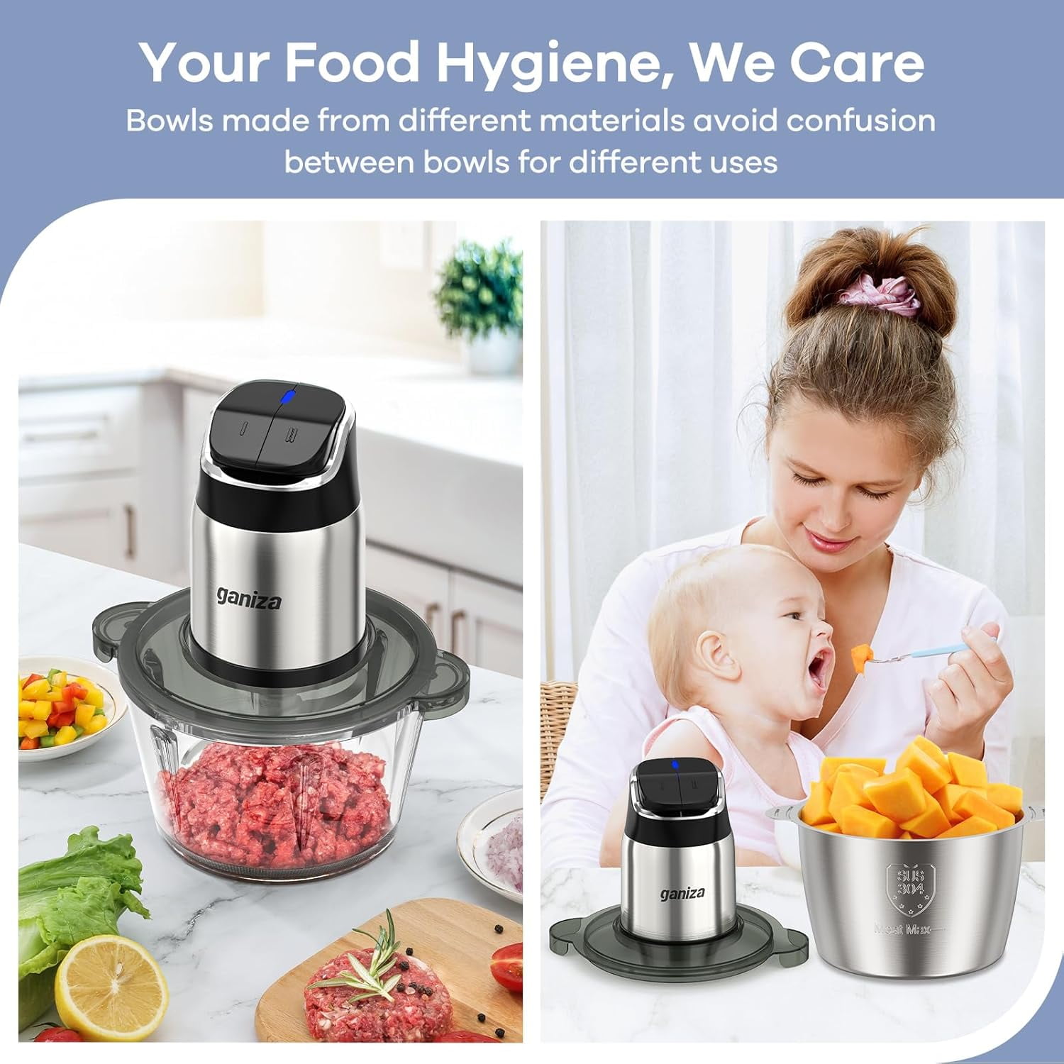 GANIZA Food Processors, Electric Chopper with Meat Grinder & Veggie Chopper - 2 Bowls (8 Cup+8 Cup) with Powerful 450W Copper Motor - Includes 2 Sets of Bi-Level Blades, 2 Plastic Covers