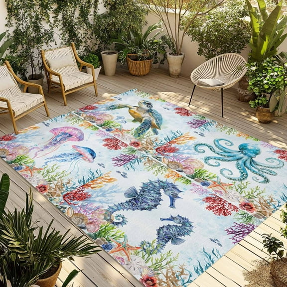 Fsddascl Blue Coastal Outdoor Rug for Patio/Deck, Non-Slip Large Area Rug 4 x 6 Ft, Summer Beach Sea Turtle Octopus Jellyfish Seahorse Indoor Outdoor Rugs Washable Area Rugs, Camping Rug Carpet