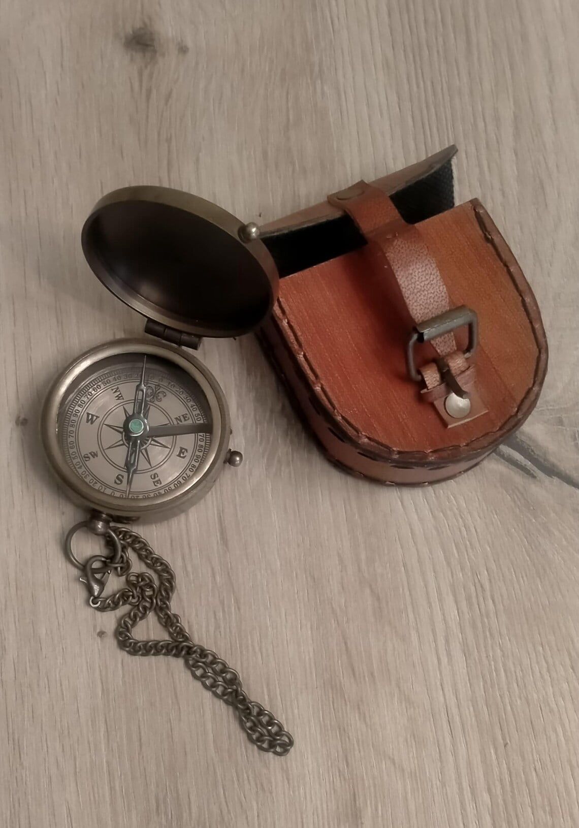 Maritime Treasures Vintage Brass Pocket Compass with Chain and Leather Case – “So You Can Always Find Way Back Home” Engraved Lid – Collectible Gift for Him