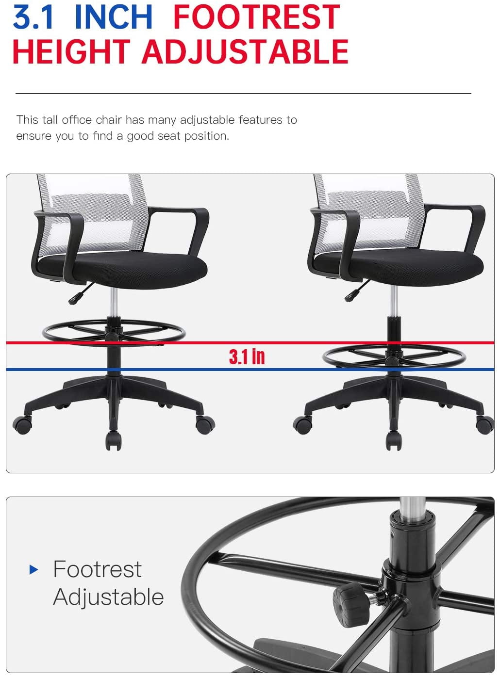 BestOffice Tall Drafting Office Chair, Lumbar Support, Adjustable Arms, Swivel Rolling for Adults(White)