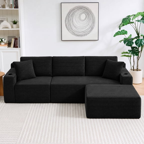 L-Shaped Sectional Sofa with Ottoman, Corduroy 3-Seat Couch for Living Room
