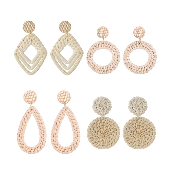 4 pares de pendientes de ratán trenzados estilo boho, ligeros y llamativos, ideales como regalo. De color claro