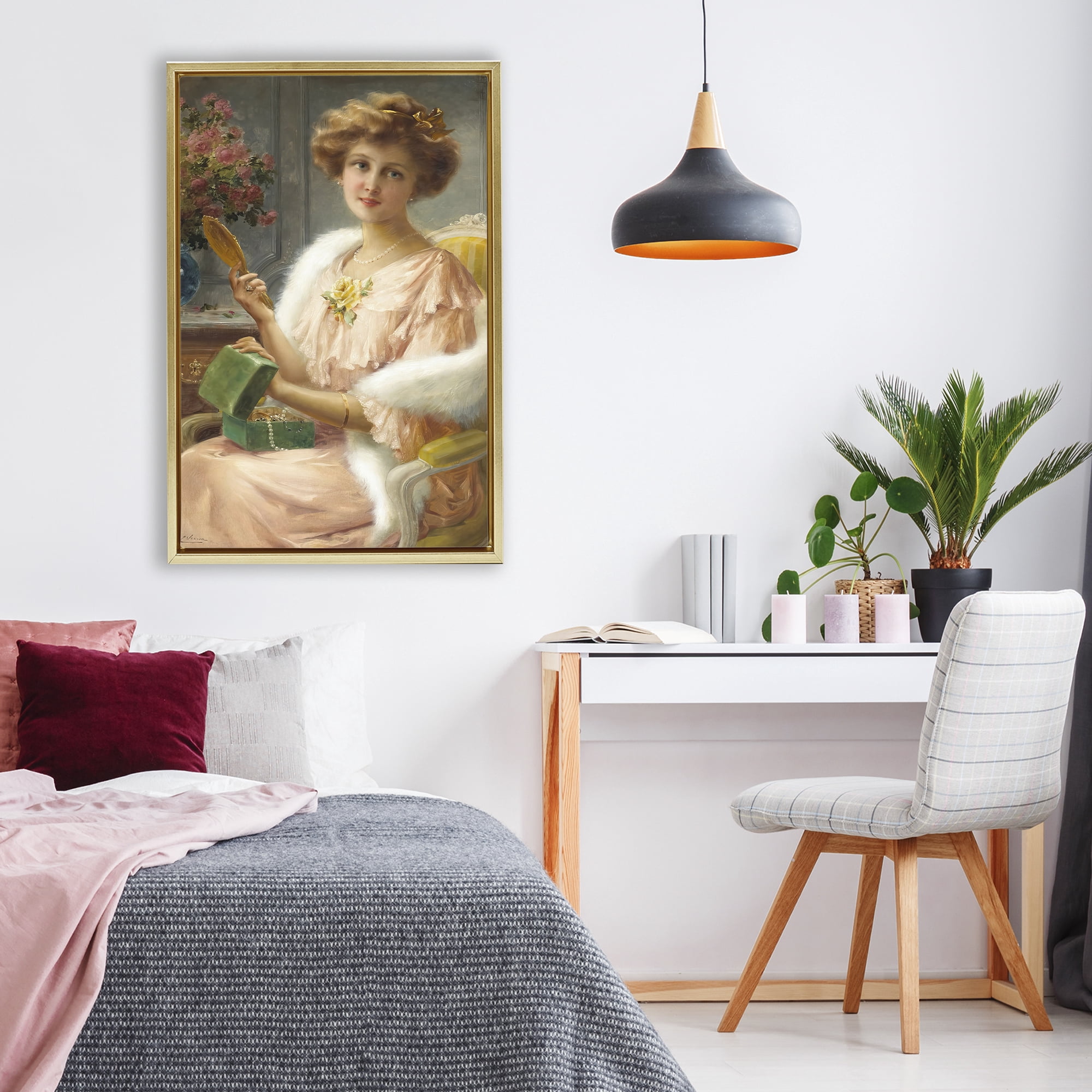 Stupell Industries Young Lady with Mirror Gold Framed Floater Canvas Wall Art, design by Tina LeCour