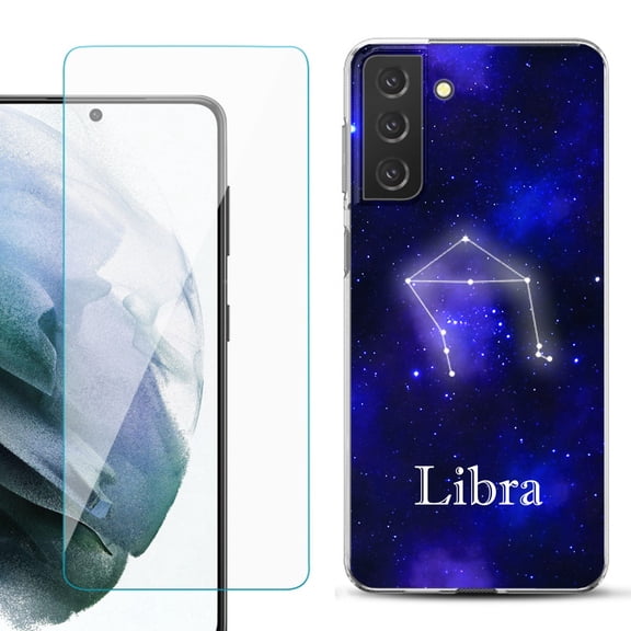 Slim-Fit TPU Fashion Phone Case for Samsung Galaxy S21 FE 5G Fan Edition, with Tempered Glass Screen Protector, by OneToughShield ® - Zodiac / Libra