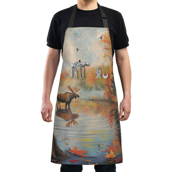 Kitchen Apron with 2 Pockets Adjustable waterproof Cooking Aprons for Women Men Chef Moose Standing in Water