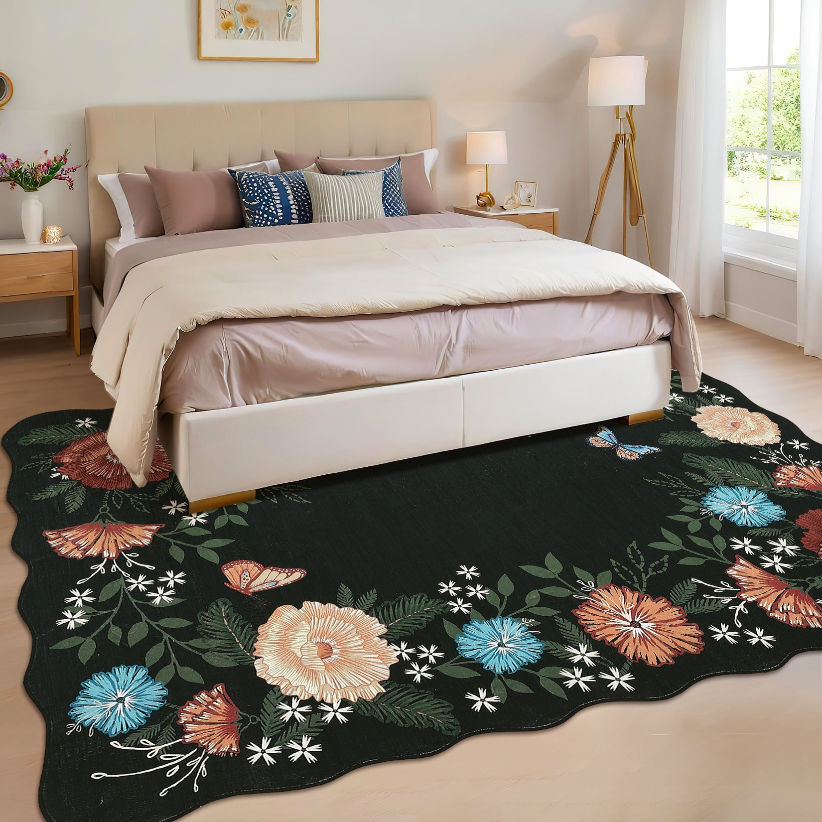 Garvee 10'x13' Floral Area Rugs, Washable Boho Rugs Ultra Soft Print Carpet, Non-Slip Low Pile Rug Stain Resistant Distressed Indoor Rugs for Living Room Bedroom Dining Room, Black