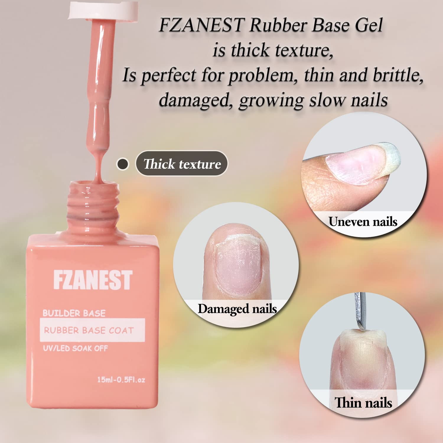 FZANEST Nude Rubber Base Gel Nail Polish, Builder in a Bottle Nail Strengthener Gel, Self-level Extension Fiber Gel, UV LED Base Coat