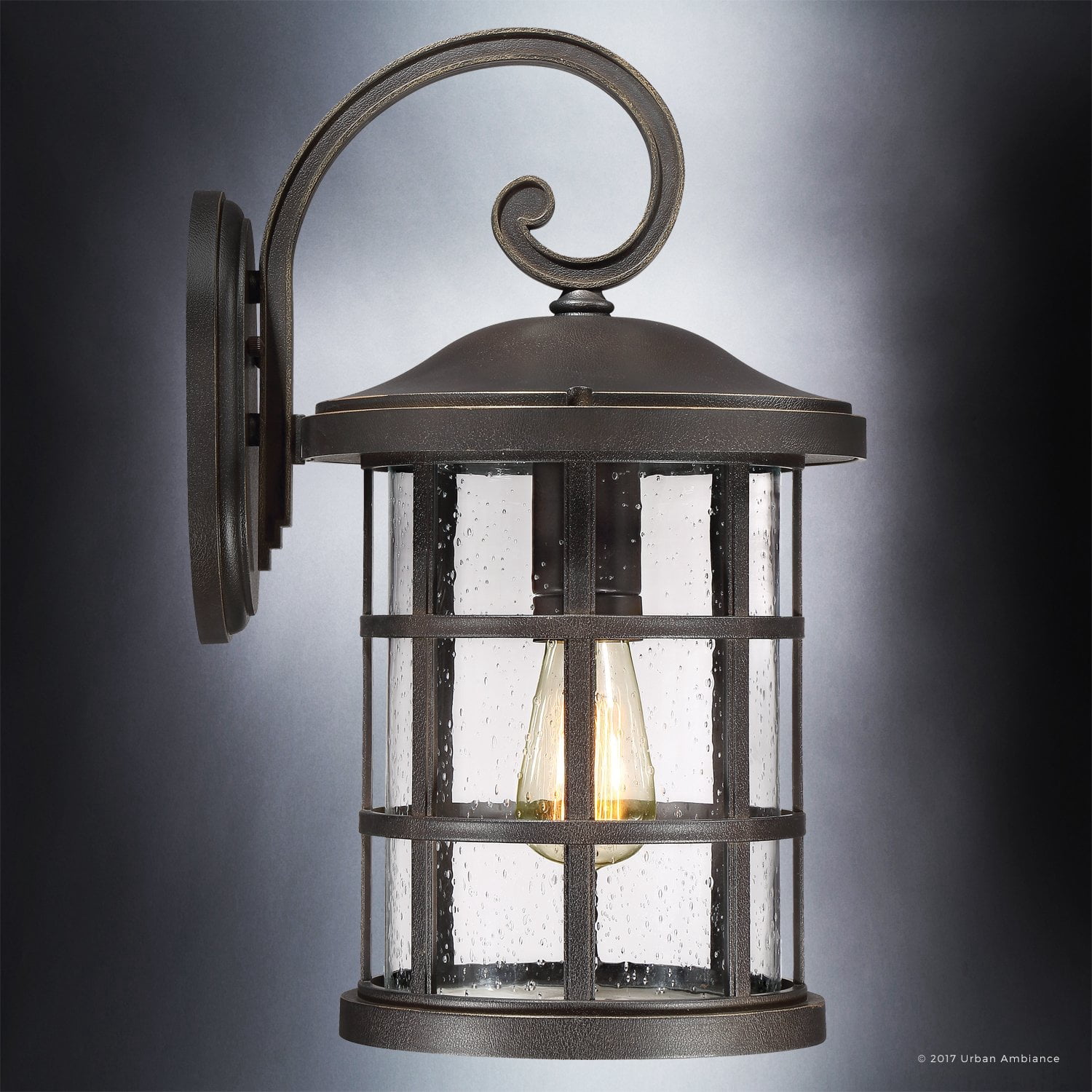 Urban Ambiance Luxury Craftsman Outdoor Wall Light, Medium Size: 17.75"H x 10"W, with Tudor Style Elements, Wrought Iron Design, Oil Rubbed Parisian Bronze Finish and Seeded Glass, UQL1045