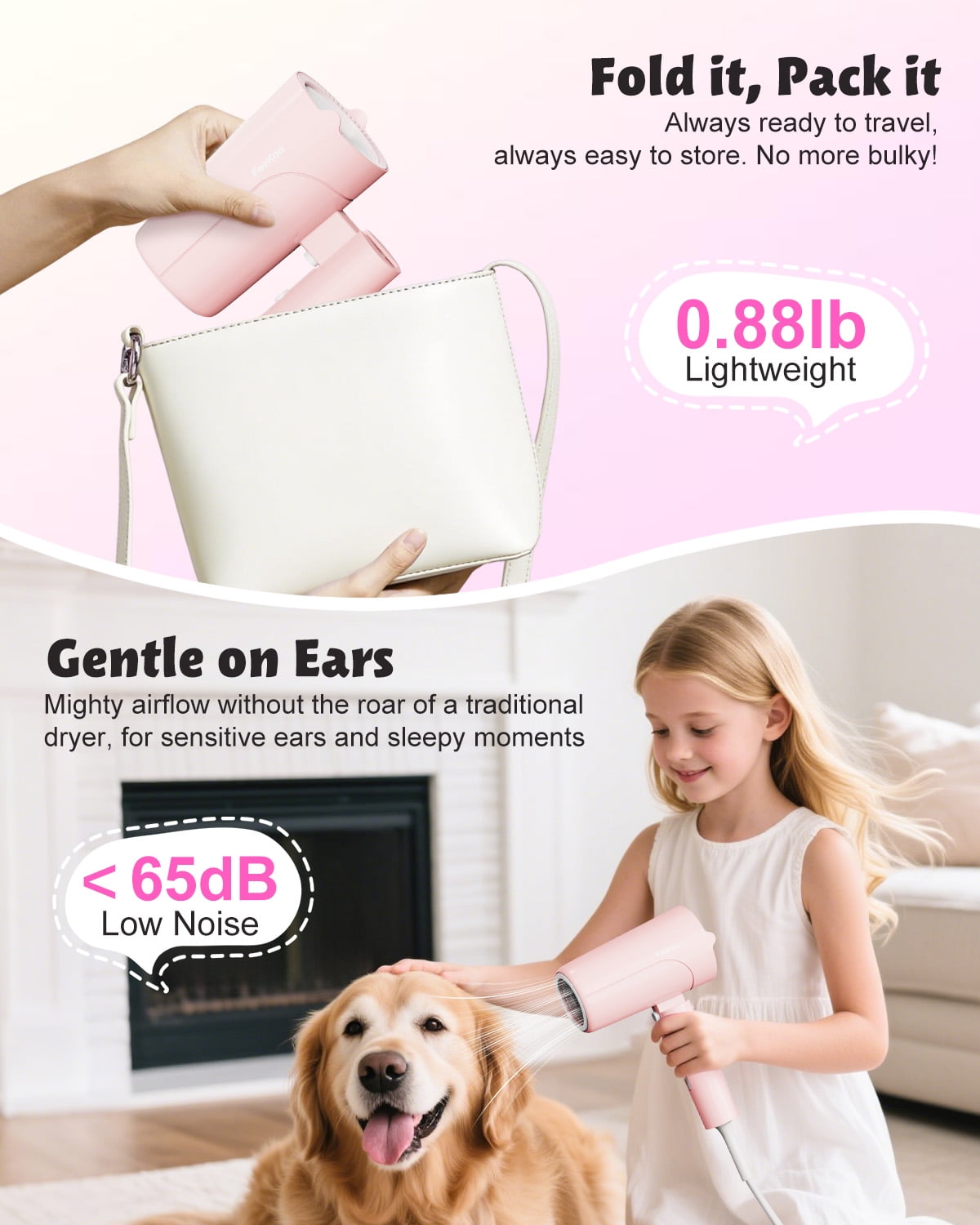 Feeka Children's Small Professional Ionic Hair Dryer, Foldable, High Speed, 100 Million Negative Ions, Mini Travel, Auto Shut-Off, Pink