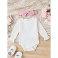 thumbnail image 4 of Bagilaanoe 3Pcs Newborn Easter Outfits Baby Girls Overalls Dress Set Ribbed Long Sleeve Romper Tops + Suspender Skirt + Headband 3M 6M 9M 12M 18M Infant Spring Casual Clothes, 4 of 9