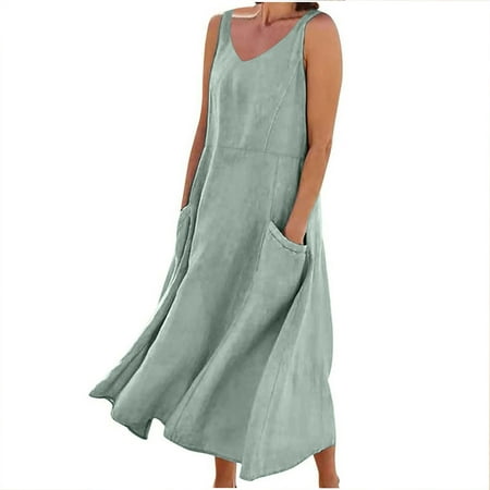 Kukoosong Women s Sleeveless Tea-Length A-Line Dress with Pockets Summer Solid Color Casual Beach Vacation Dress
