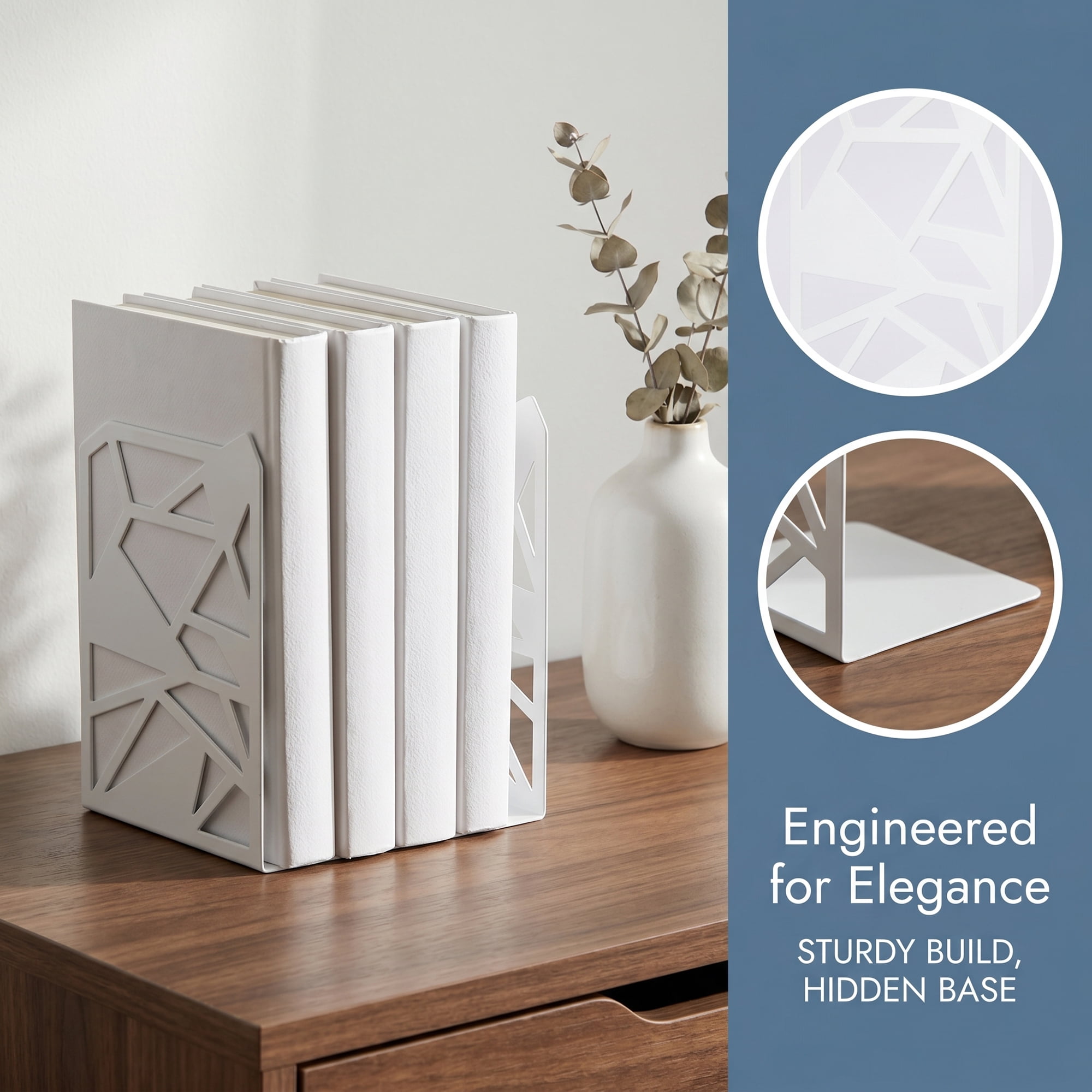Unique Bargains Geometric Metal Bookends Decorative Book Ends for Shelves White 4.7"x4.7"x6.5"