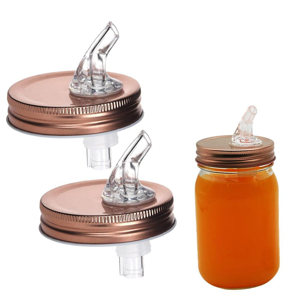 2pcs Stainless Steel Regular Mouth Mason Jar Pour Spout Lids with Plastic Caps for Olive Oil Cocktail Dispenser and Salad Dressing Shaker 