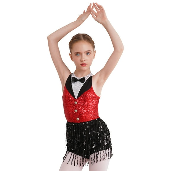 Miaeowve Kids Girls Sequins Latin Jazz Dance Costume Tassel Tuxedo Modern Dance Leotard Jumpsuit Red 8