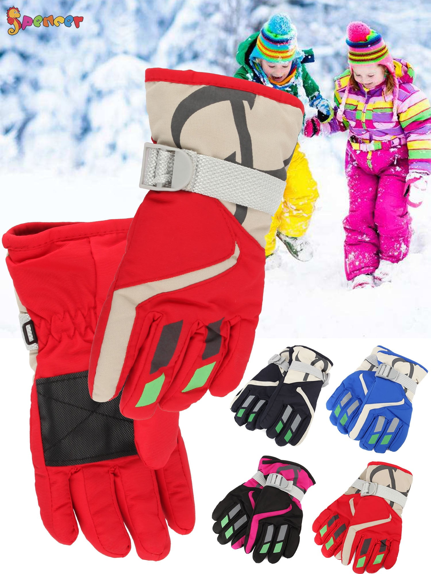Cartoon Waterproof Non-slip Mittens Kids Boys Girls Skiing Warm Gloves Winter 