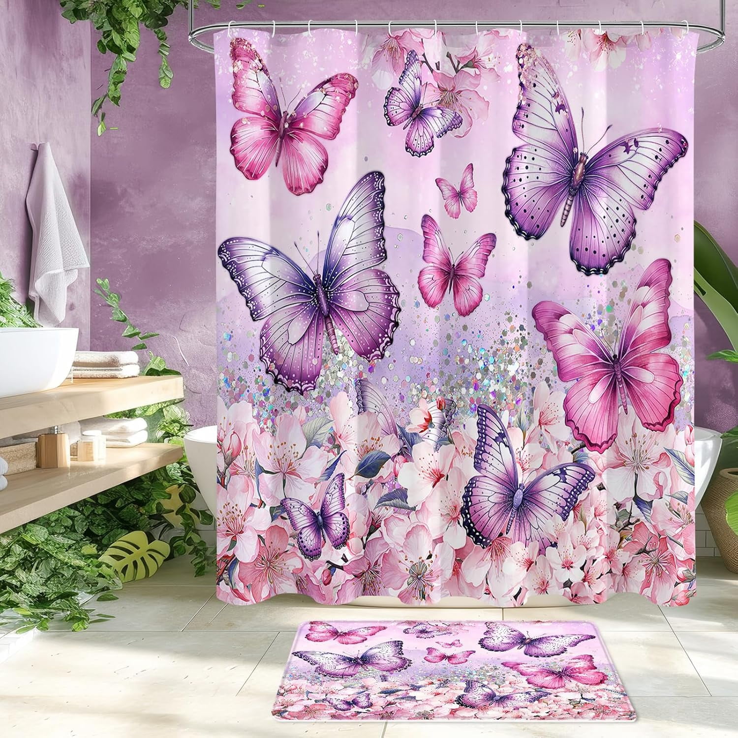 4 Pcs Purple Butterfly Shower Curtain Set with Non-Slip Rugs, Modern Toilet Lid Cover and Bath Mat, Floral Chic Bathroom Decor Set with Shower Curtain and Rugs